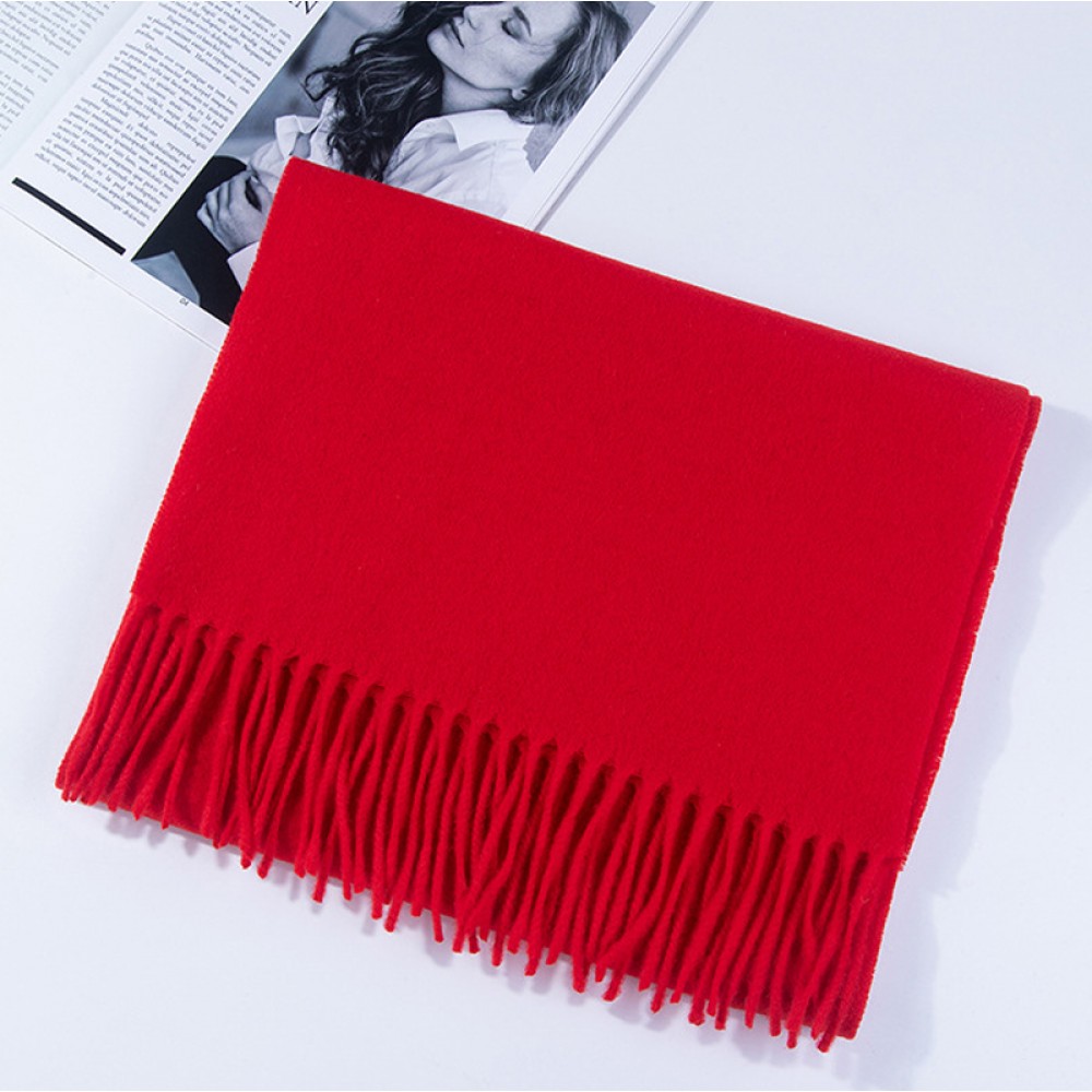 Вовняний шарф червоний однотонний з бахромою 180*32 см - 4