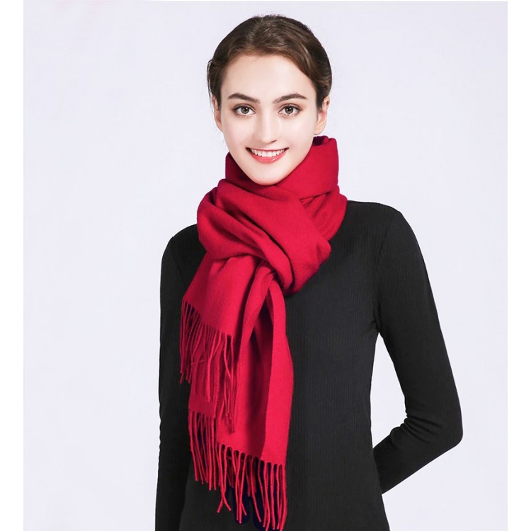 Вовняний шарф червоний однотонний з бахромою 180*32 см