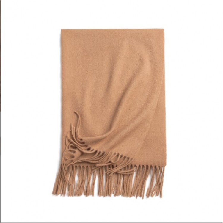 Вовняний шарф бежевий однотонний camel з бахромою 180*32 см - 5