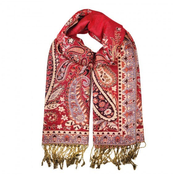 Палантин шарф индийский бордовый с бежевым двусторонний