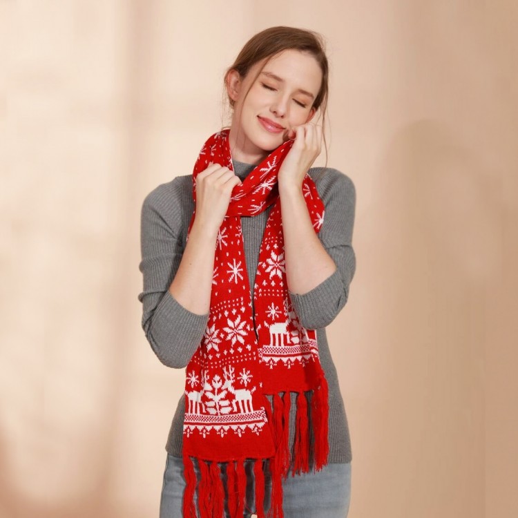 Жіночий шарф червоний з різдвяними оленями 160*17 см - 2