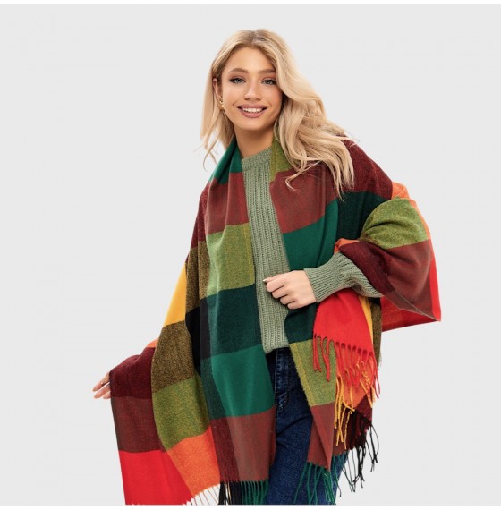 Шерстяной шарф оранжево-зеленые квадраты 180х70 см