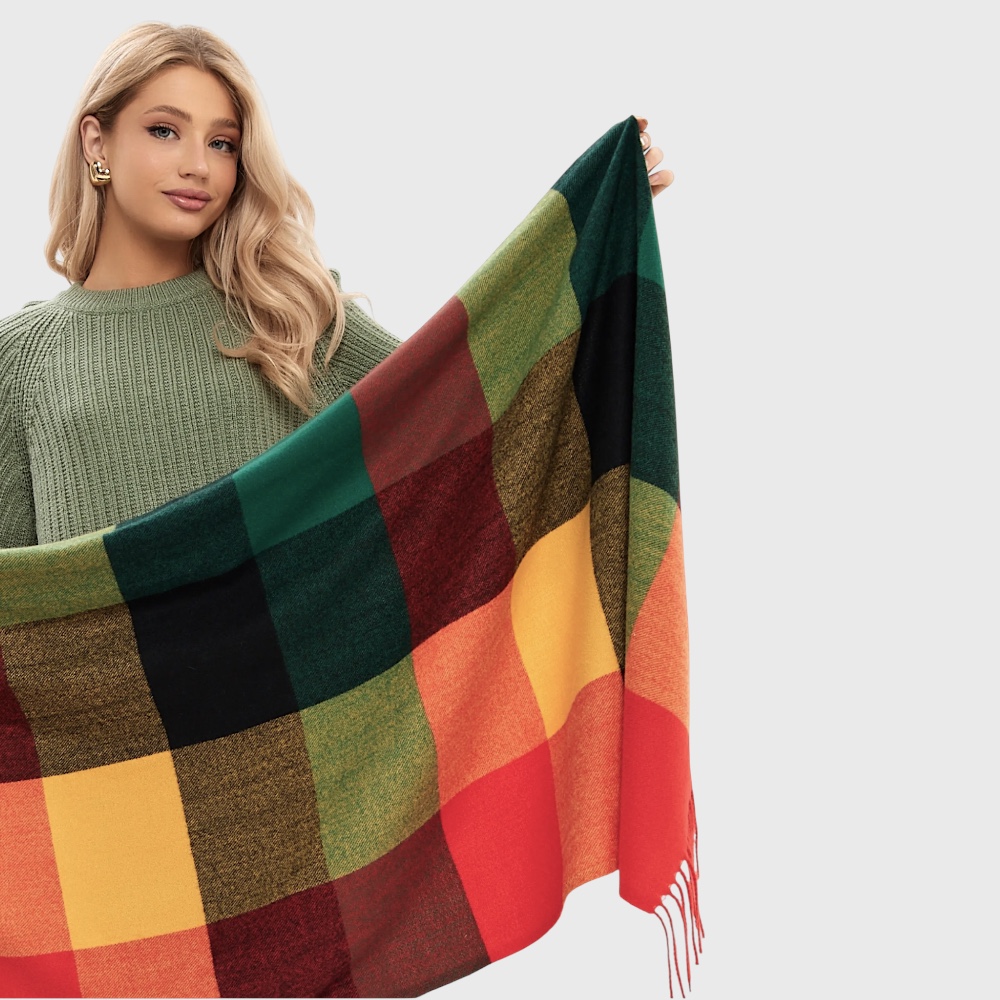 Вовняний шарф оранжево-зелені квадрати 180х70 см - 2