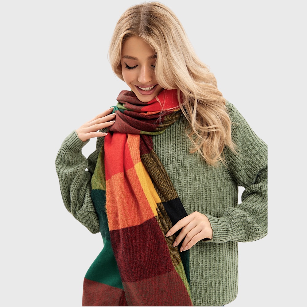 Вовняний шарф оранжево-зелені квадрати 180х70 см - 3