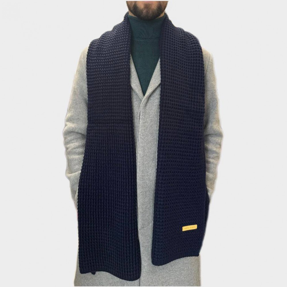 Вязаный шарф шерстяной dark blue зимний 185*40  - 5