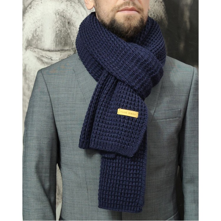 Вязаный шарф шерстяной dark blue зимний 185*40  - 6