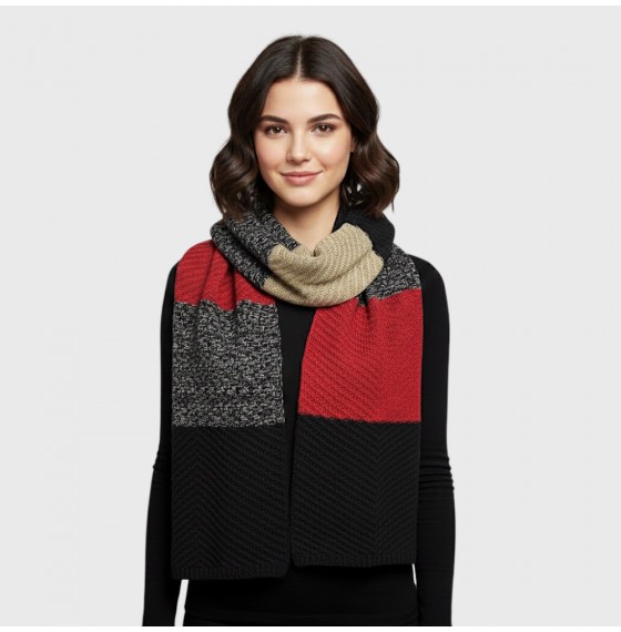 Вязаный шарф бордово-чорний з бежевим 200*35 Вязаный шарф бордово-чорний з бежевим 200*35