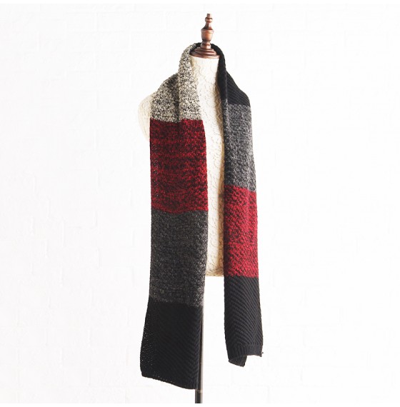 Вязаный шарф бордово-чорний з бежевим 200*35