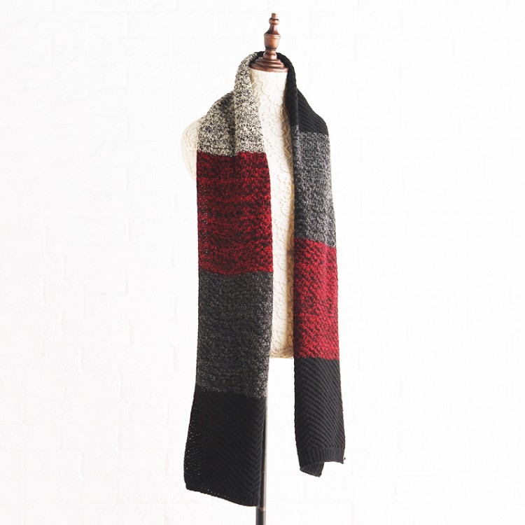 Вязаный шарф бордово-чорний з бежевим 200*35