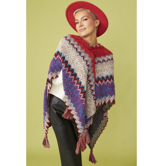 Вязаное пончо женское цветное бохо с кисточками 135*100 см