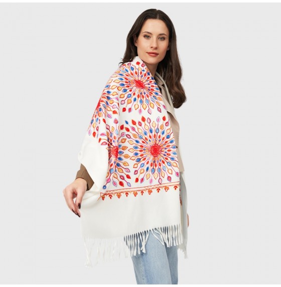 Белый шарф кашемировый с вышивкой солнце 180*70см