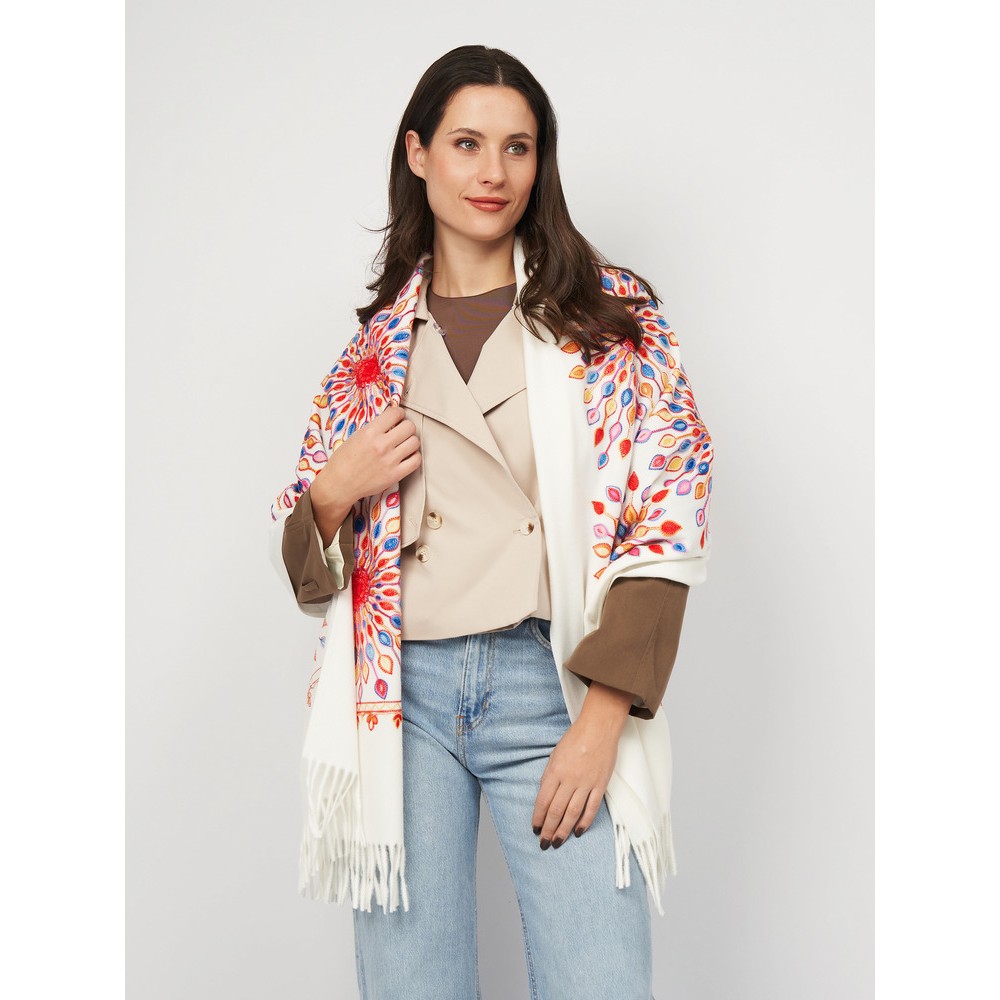 Білий шарф кашеміровий з вишивкою сонце 180*70 см - 2