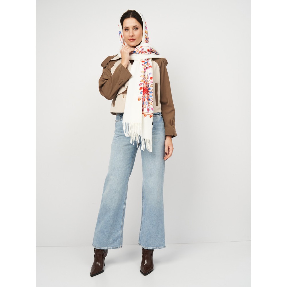 Білий шарф кашеміровий з вишивкою сонце 180*70 см - 4