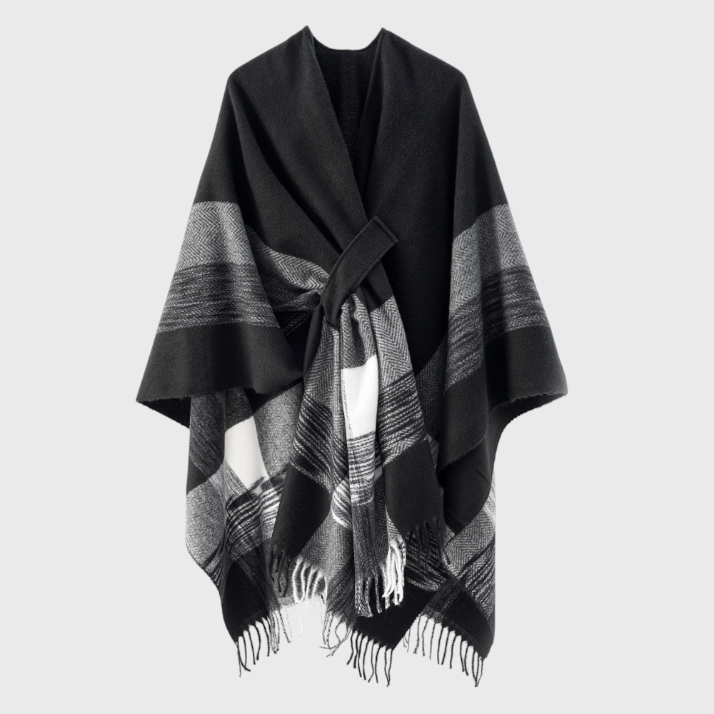 Жіноче пончо накидка чорно-сіре двостороннє вовна акрил 150х130 - 4