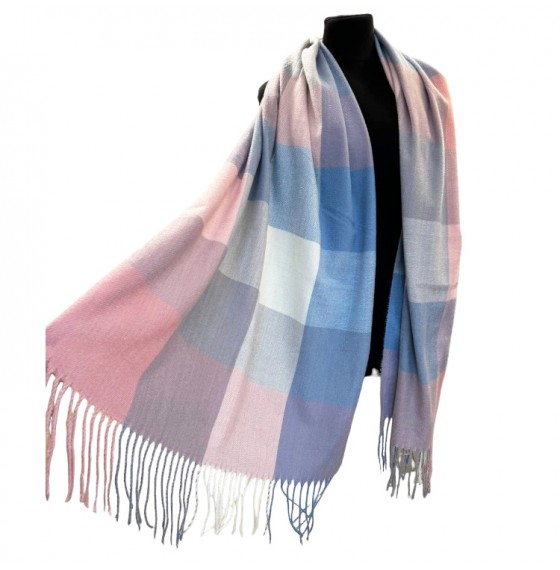 Кашемировый шарф женский розово-голубой клетчатый 