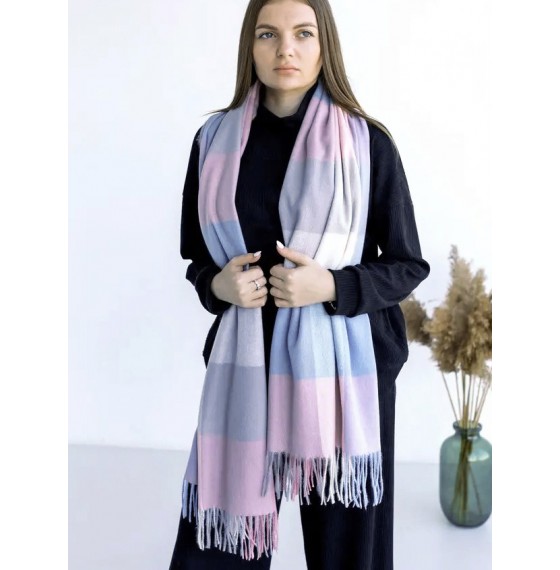 Кашемировый шарф женский розово-голубой клетчатый 
