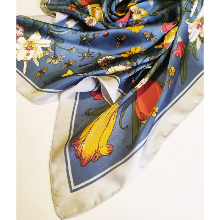 Жіноча косинка шовкова сизо-блакитна з тюльпанами 70*70 см - 4