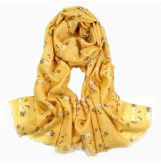 Шерстяной шарф желтый тонкий с лебедями нежный