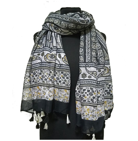 Жіночий шарф чорно-сірий літній смугастий з віскози