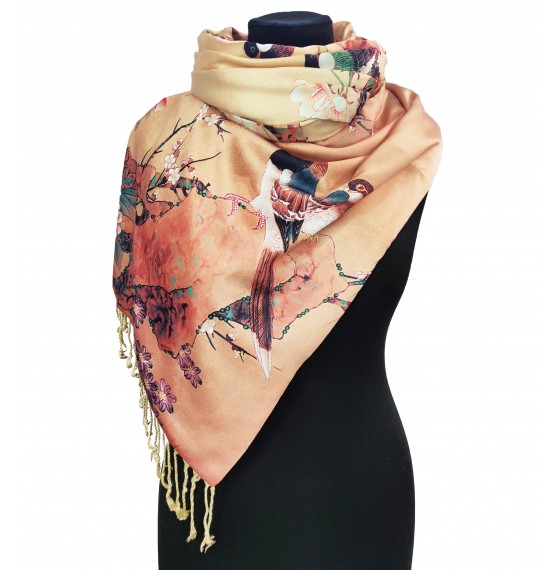 Палантин шарф шелковый золотой natural с птицами