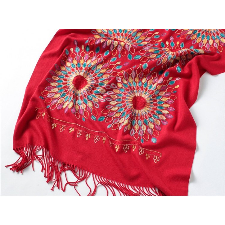 Жіночий шарф-палантин кашеміровий бордовий з вишивкою - 5