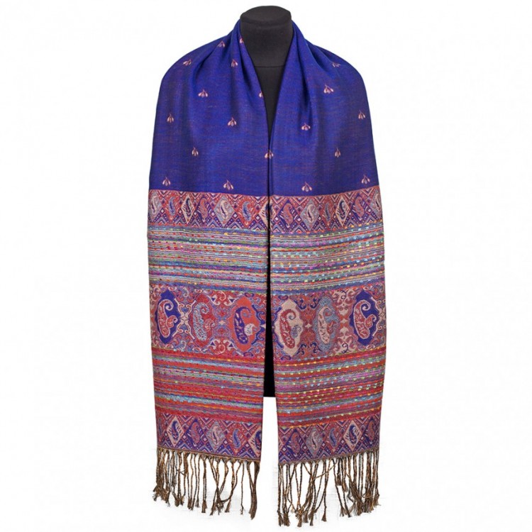 Палантин шарф синій з бордовим підвійний індійський - 2